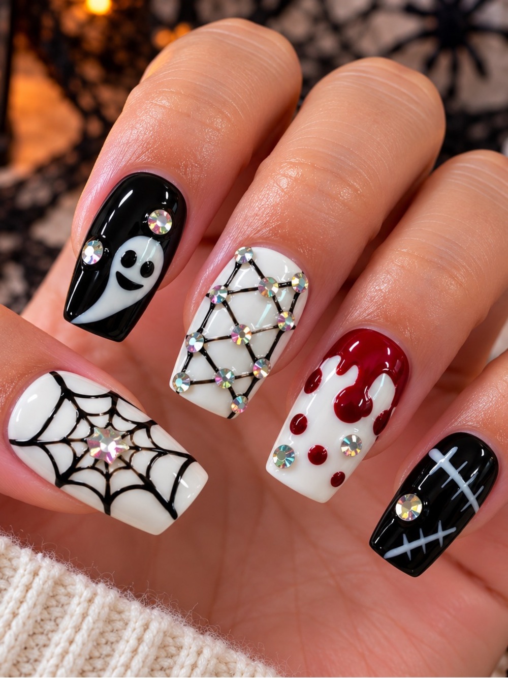 🕷️ Halloween Ghost & Spiderweb Press-On Nails 👻🖤